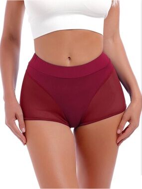 High Waist Burgundy Sheer Panel Dance Mini Booty Shorts Size Small